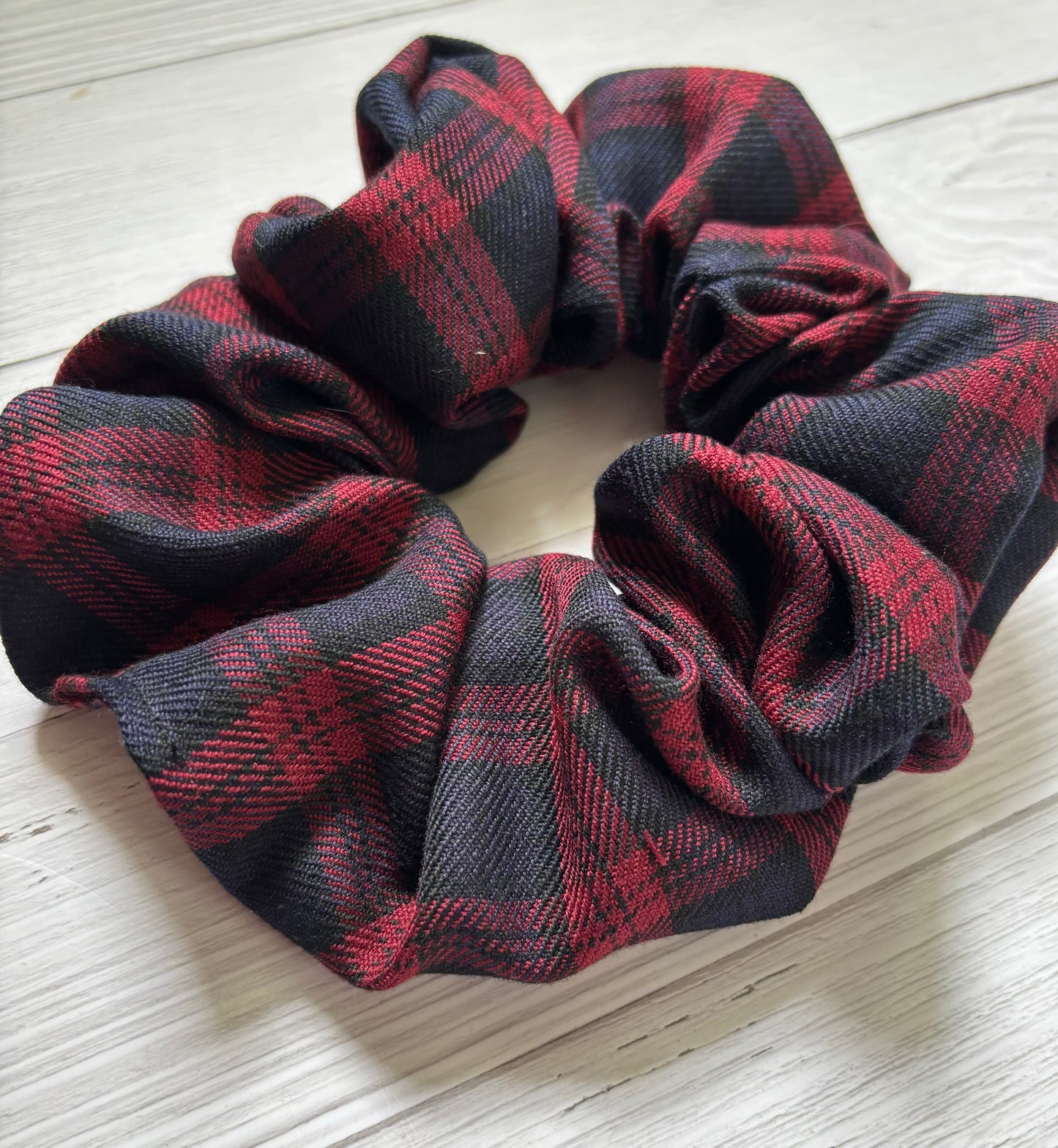 Red and Navy tartan scrunchie