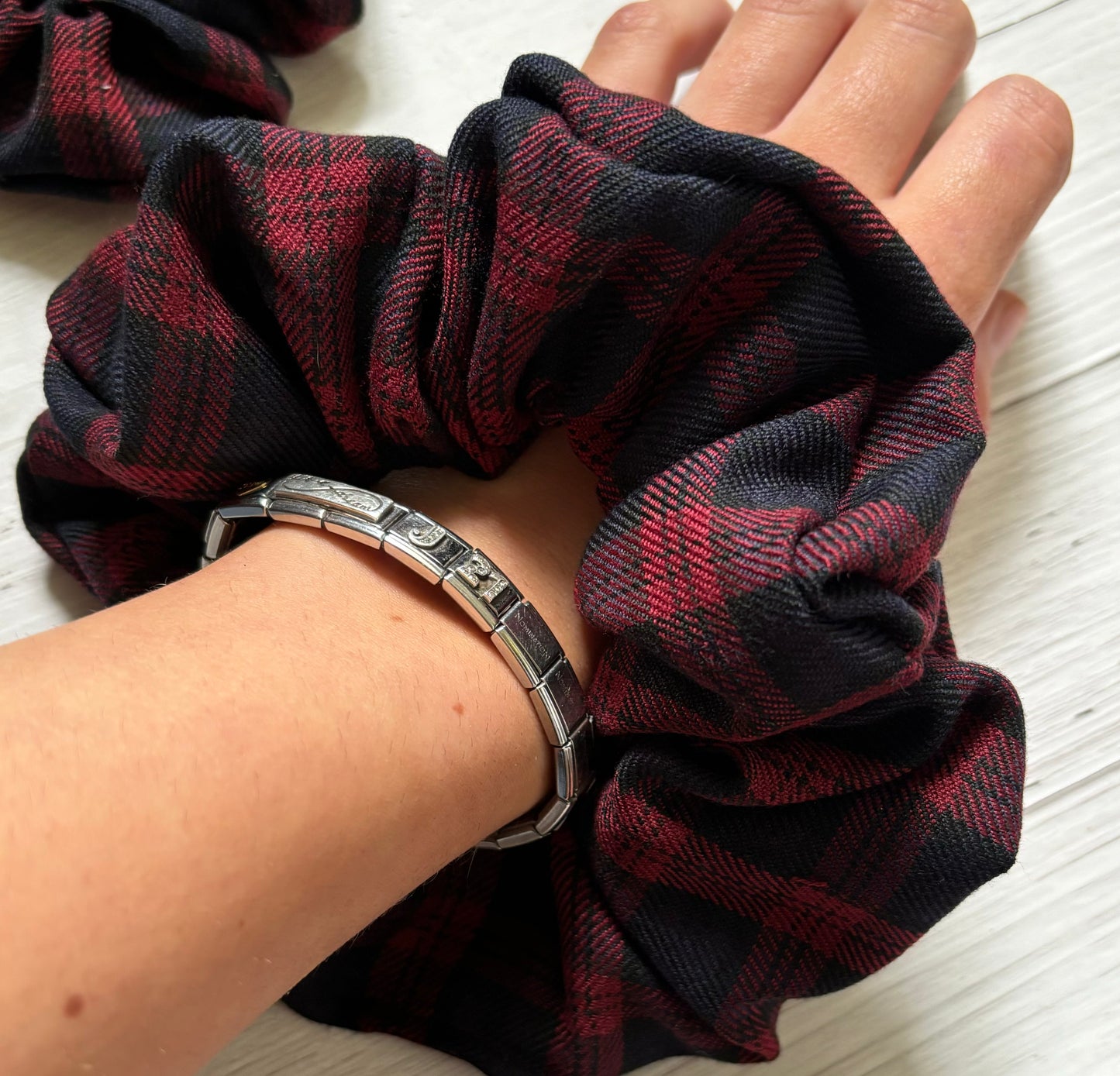 Red and Navy tartan scrunchie