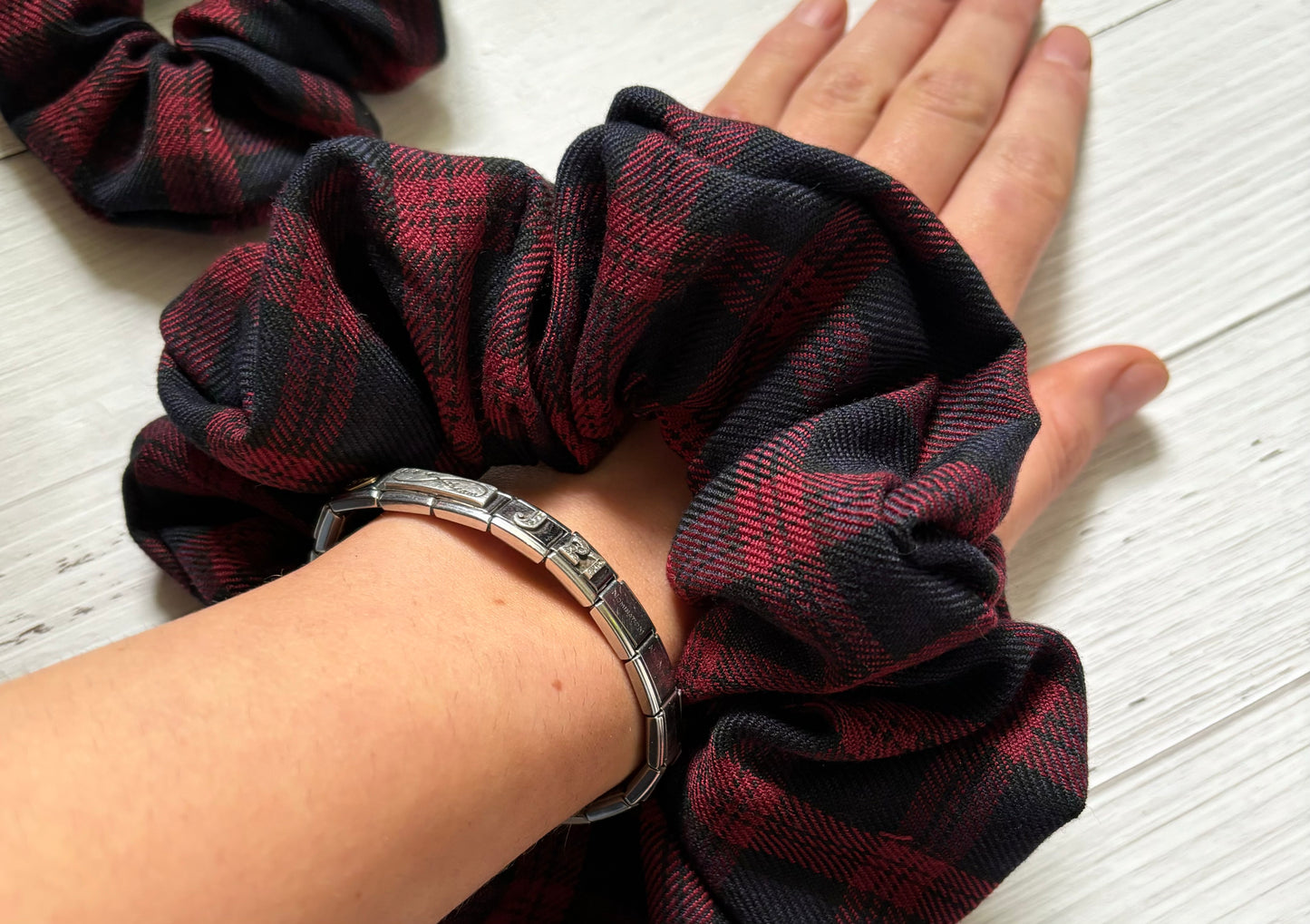 Red and Navy tartan scrunchie